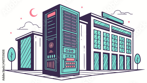 Illustration of a server rack in front of a building with trees and a moon in the background at night