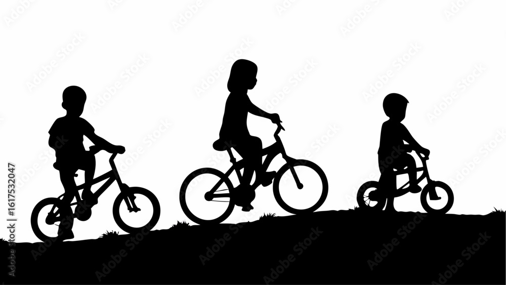 Fototapeta premium Silhouette of three children riding bicycles on a grassy hill against a white background in a simple scene