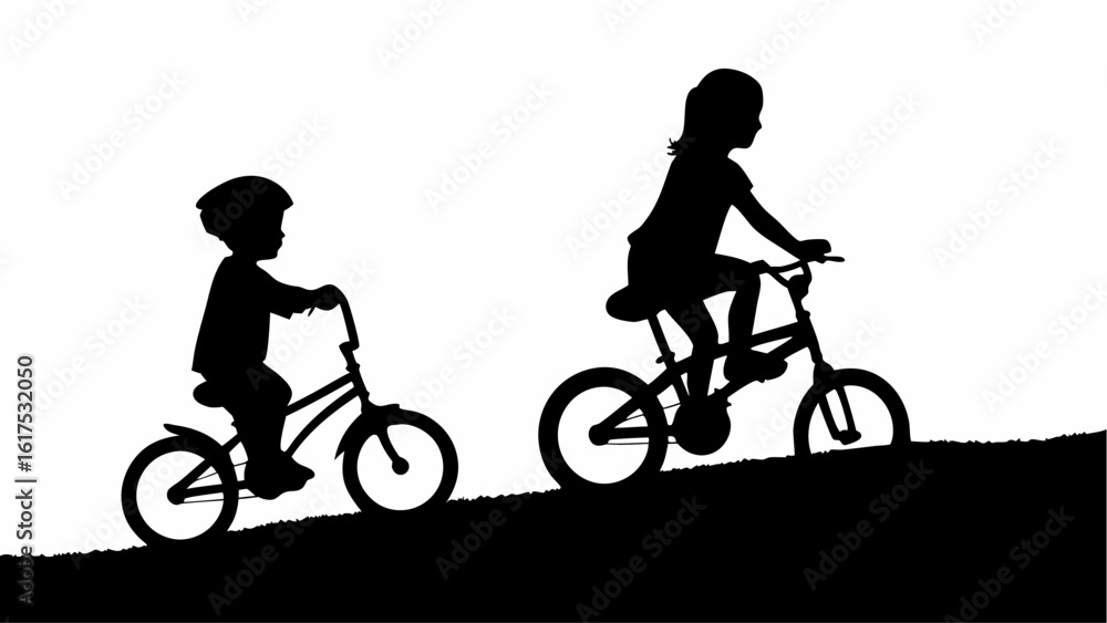 Obraz premium Two children riding bicycles in silhouette on a hill against a white background in a simple vector drawing