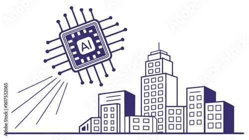 Ai chip hovering above a city skyline with buildings and a ground line in a simple line drawing style