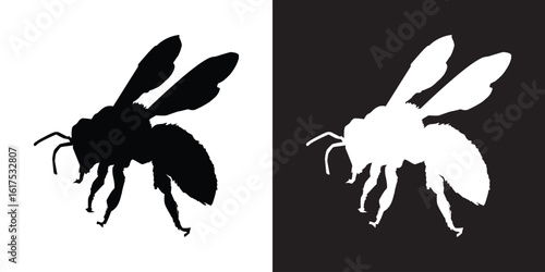 Black bee animal silhouette on white background and white on black background, simplified bee icon for stencil or print art, flat illustration vector image of animal in black and white.