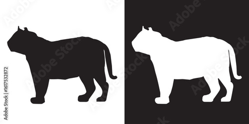 Black tiger animal silhouette on white background and white on black background, simplified tiger figure for stencil or print art, flat illustration vector image of animal in black and white.