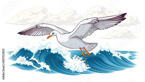 A white seagull soars above the ocean waves with clouds in the background in a cartoon illustration created with generated ai
