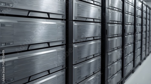 Stacked metallic server panels with brushed aluminum finish in precise grid layout