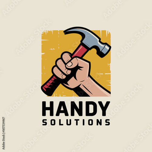 A visually striking logo featuring a hand grasping a hammer against a yellow backdrop that embodies the essence of home repair and handyman services effectively.
