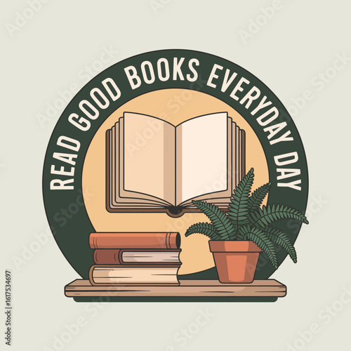 This beautiful illustration focuses on an open book surrounded by stacked books and a decorative plant, symbolizing the joy of reading and the beauty of a literary lifestyle.