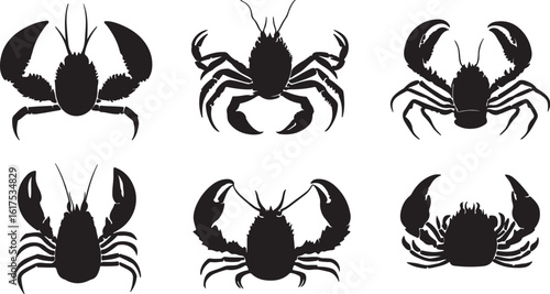 Silhouette Crayfish Clipart Set: Black Crustacean Illustrations