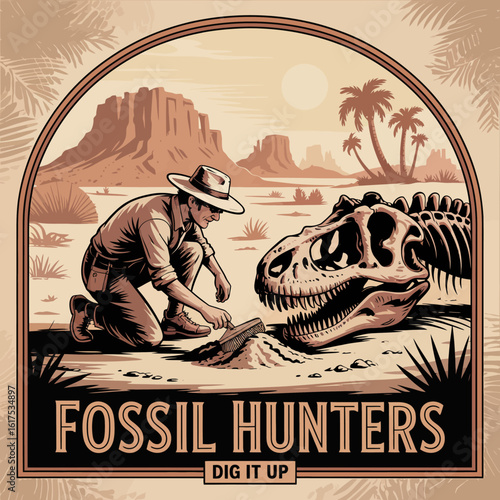 A skilled fossil hunter methodically excavates a dinosaur skull in a breathtaking desert landscape, celebrating the mysteries of paleontology and the beauty of nature's history.