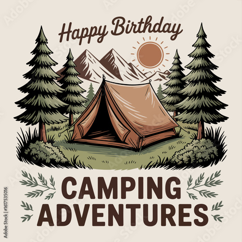A vibrant illustration featuring a camping scene with a tent, pine trees, mountains, and a sun, perfect for birthday or adventure-related themes and activities.