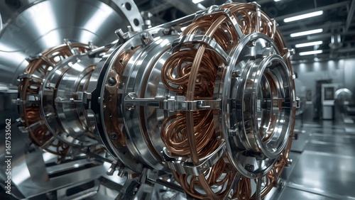 Scientific particle accelerator chamber close-up with detailed metallic components and copper coils in research facility