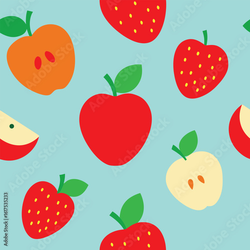 Seamless pattern of colorful cartoon apples and strawberries on a blue background