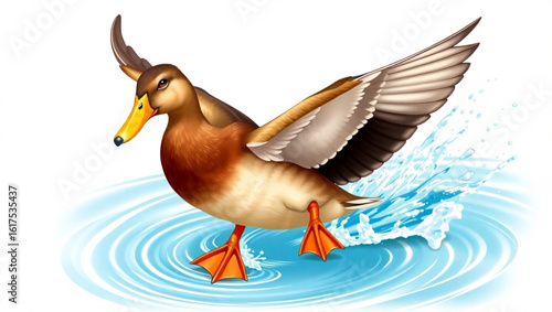 A duck with brown feathers and orange feet is landing on the water with wings spread wide open now created with generated ai