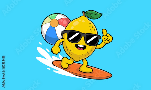 This vibrant illustration shows an enthusiastic lemon character surfing, wearing sunglasses and having a great time, embodying the spirit of adventure and fun at the beach.
