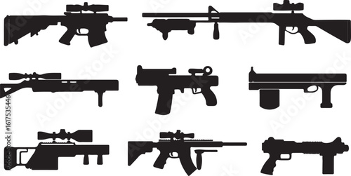 Silhouettes of Various Firearms with Scopes on White Background