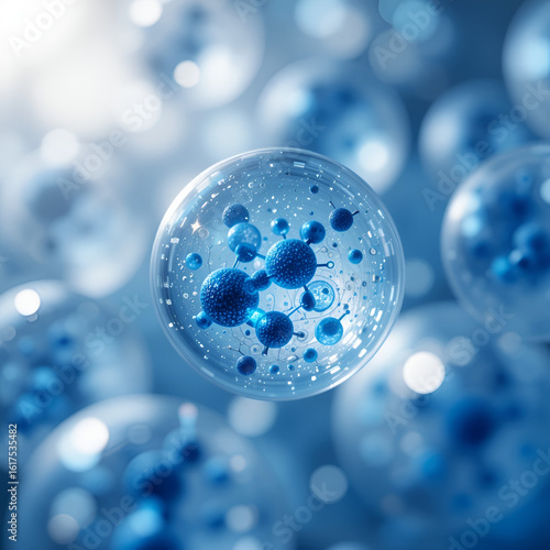 Close-up of blue exosome particles inside transparent spheres, representing biotechnology and scientific visualization in cosmetology and trichology, with blurred light tones highlighting chaos