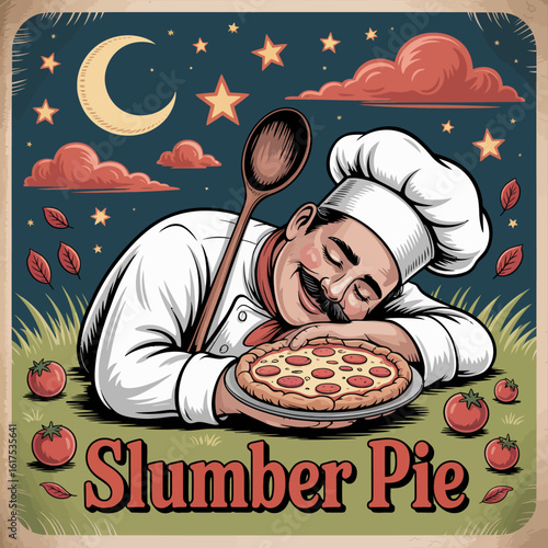An adorable chef is shown dozing off while holding a fresh pizza, set against a starry night sky, blending culinary joy with a dreamlike serenity.