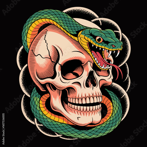 This vibrant artwork showcases a colorful snake coiling around a skull, embodying themes of duality, nature's power, and the relationship between life and death with artistic flair.
