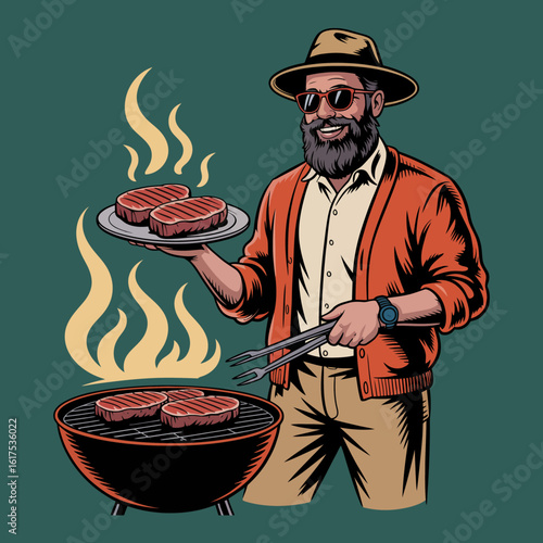 A vibrant image of a man grilling steaks extravagantly outdoors, showcasing the joy of cooking. The atmosphere is lively and filled with the warmth of human connection.