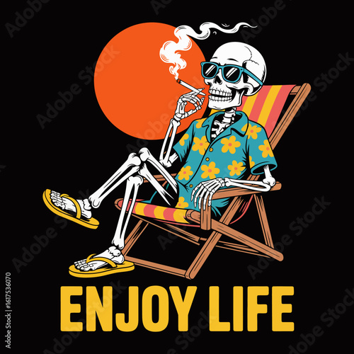 A stylish skeleton lounges in a vibrant beach chair with sunglasses and a lit cigarette, basking in the warm glow of the sunset, showcasing a laid-back attitude.
