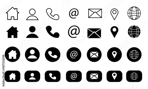 Basic Contact and Communication Icon Set – Line & Solid Styles – Home, Phone, Email, Location, Web