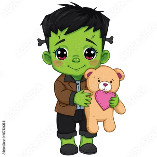 Baby Frankenstein holding a teddy