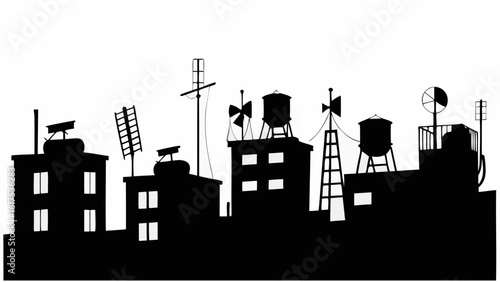 Silhouette of city rooftops with water towers antennas and various rooftop structures against a white background
