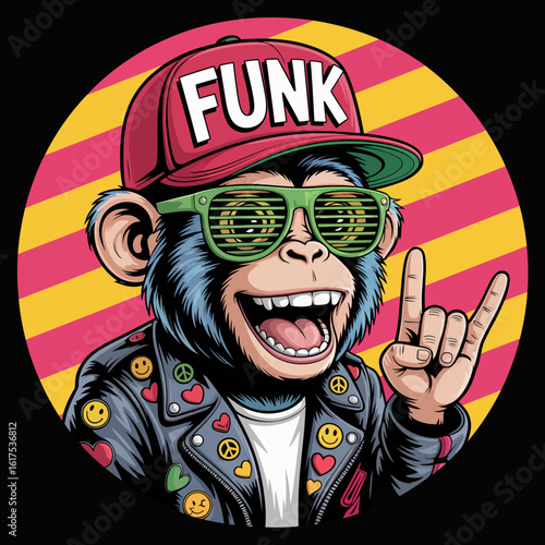 An animated, upbeat monkey character with funky accessories, highlighting its playful personality and lively fashion, perfect for adding charm and joy to any visual context.