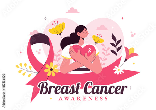 Breast Cancer Awareness Month Vector Illustration of Diverse Women with Pink Support Ribbon for Healthcare Campaign, Solidarity and Medical Prevention