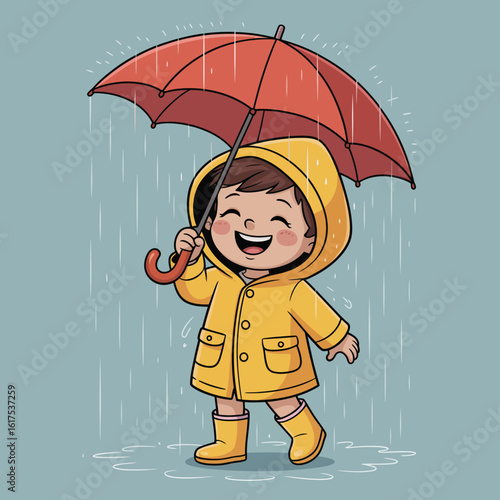 A joyful young child in a yellow raincoat holds a red umbrella and dances in the rain, emphasizing the happiness found in simple, carefree moments spent in nature’s elements.
