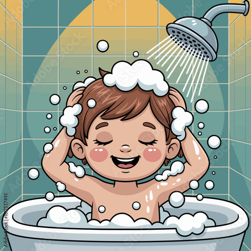 A joyful young boy is having a fun time in the bath, creating a bubbly mess while enjoying the water. His vibrant expression shows pure happiness and excitement.