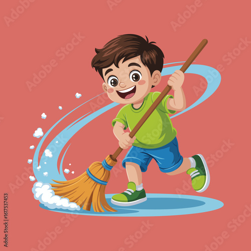 In this delightful illustration, a playful boy sweeps the floor with a broom, embodying joy and positivity in a bright and colorful atmosphere filled with energy.