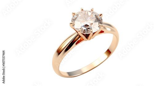 Close up of a gold ring with a large clear diamond stone set