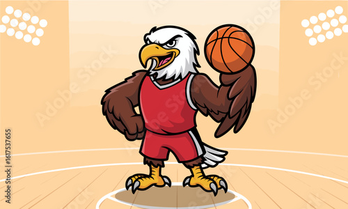 The assertive basketball eagle mascot in a striking red jersey is poised with a ball, exuding energy and enthusiasm ready to motivate the team to victory on the court.