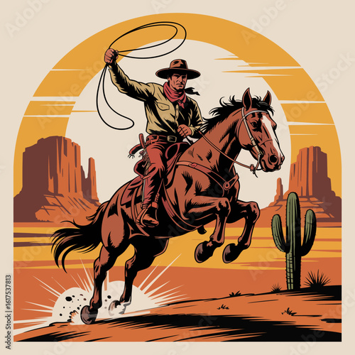 In this vibrant image, a cowboy rides a majestic horse, expertly wielding a lasso against a striking sunset, embodying the thrilling spirit of the wild West.
