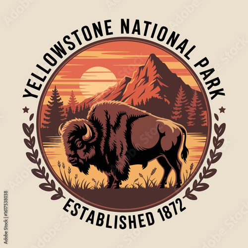 The bison image showcases the majesty of Yellowstone National Park, capturing the essence of wilderness through artful design and vibrant illustrations of nature.