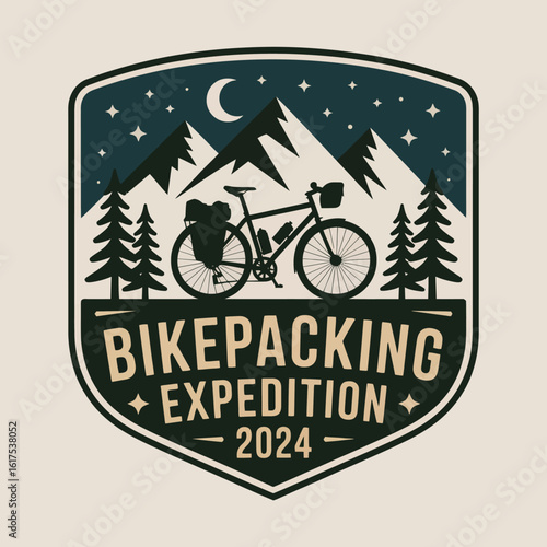 This emblem combines elements of cycling and nature, portraying a scene rich in mountains and trees, representing the adventurous spirit of bikepacking expeditions for 2024.