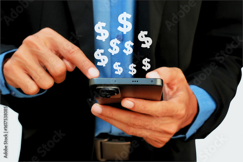 Businessman's hand holding smartphone and dollar icon above smartphone