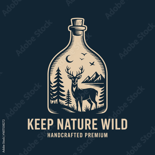 The bottle showcases a deer surrounded by pine trees and mountains, infused with a moonlit sky, beautifully illustrating the harmony between nature and handcrafted design.