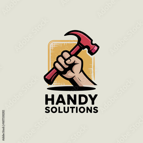 This image portrays a dynamic hand confidently holding a bright red hammer against a contrasting background, representing the essence of handy solutions and creativity in construction and repair task