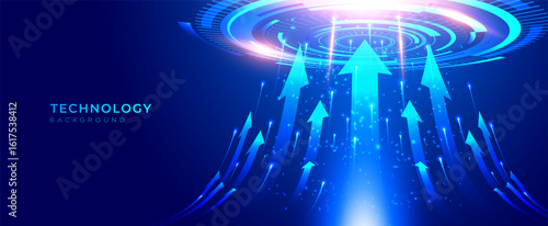 Technology background vector with glowing arrows moving upward into digital circular interface. Futuristic blue theme, ideal for websites, cover designs, and tech presentations.