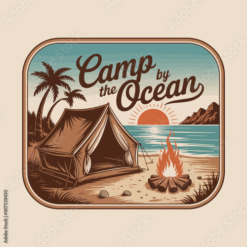 A stunning beach camping scene at sunset featuring a warm campfire, a cozy tent, and gentle ocean waves, evoking a sense of adventure and relaxation in nature.