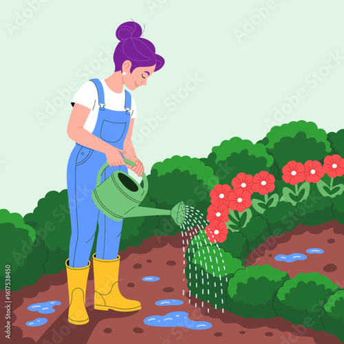 A focused gardener waters bright flowers and bushes, showcasing the care and attention required to maintain a lively garden while interacting with nature positively.
