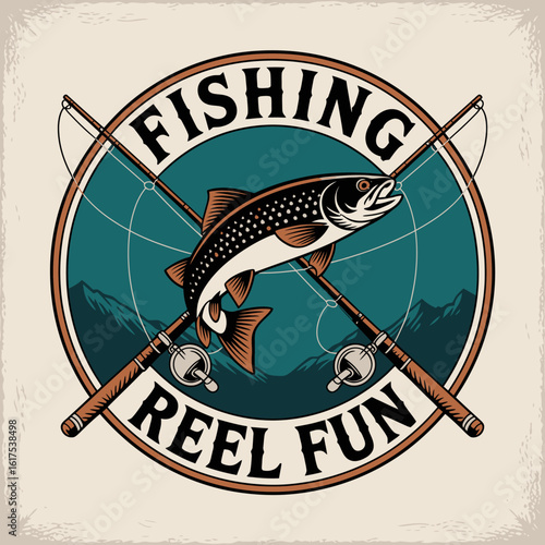 This image features a vintage-inspired fishing design that highlights a trophy trout fish, showcasing fishing poles against a stunning mountain backdrop in a fun style.