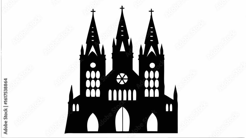 Obraz premium Silhouette of a gothic cathedral with three spires and arched entrances against a white background view