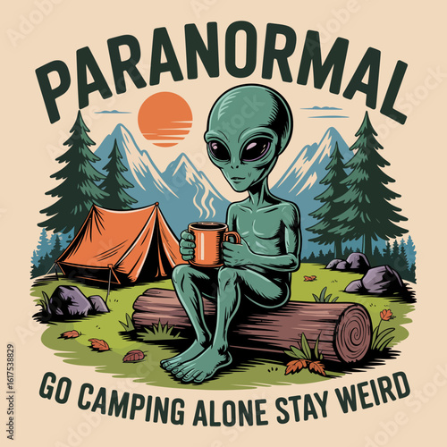 An entertaining image of an alien calmly enjoying a warm drink while sitting on a log, set against a backdrop of towering trees and a colorful landscape, evoking joy.