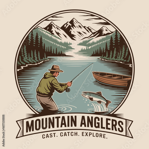 A captivating scene showcasing an angler wading in clear waters while casting his line, framed by majestic mountains, delivering the essence of fishing and natural beauty in harmony.