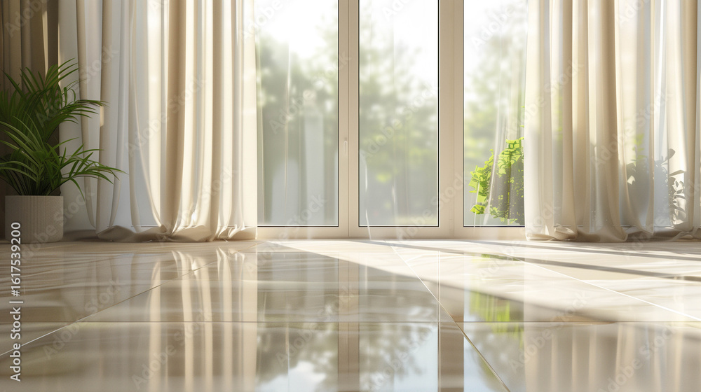 Fototapeta premium Bright interior space with sheer curtains and floor reflections on polished tiled surface