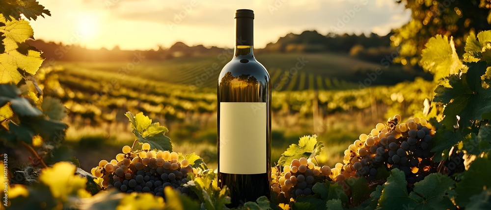 Fototapeta premium White wine bottle in a scenic vineyard setting