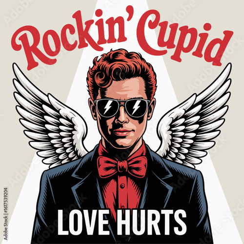 This striking illustration features a fashionable Cupid with a bold stance, merging the themes of love and music in an eye-catching, modern graphic design.
