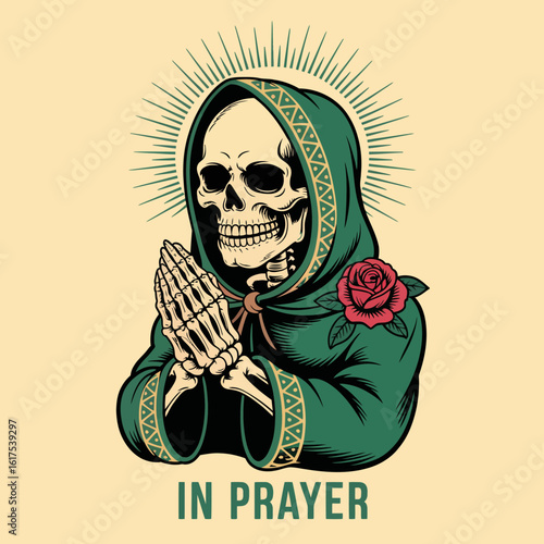 A beautifully designed skeleton figure is depicted in a deep hooded robe with hands in prayer, adorned with a red rose, illustrating life, mortality, and spirituality.